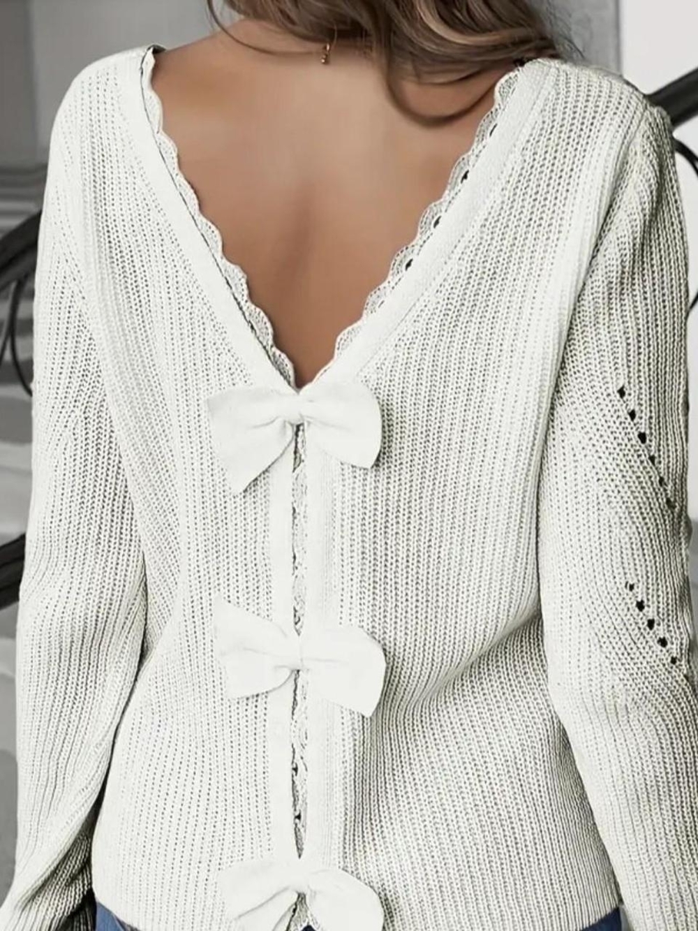 White Bow-Back Knit Sweater